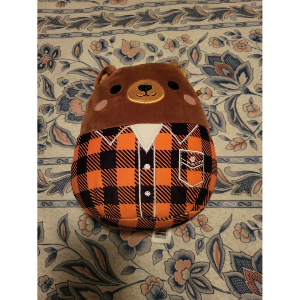 Squishmallows Brown Bear Plush Stuffed Animal Orange Plaid Shirt